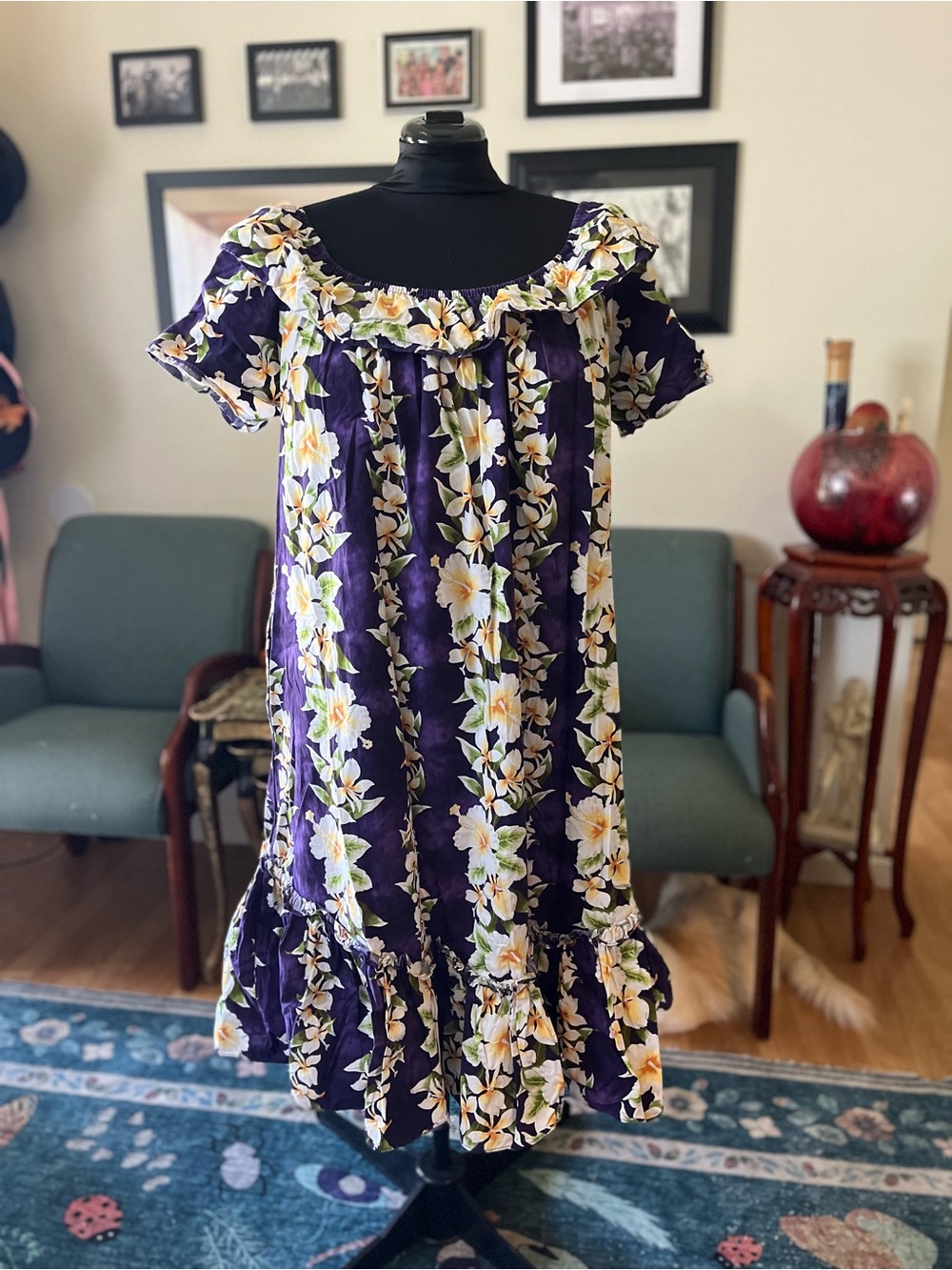 Purple Floral Ruffle Midi Dress with Short Sleeves